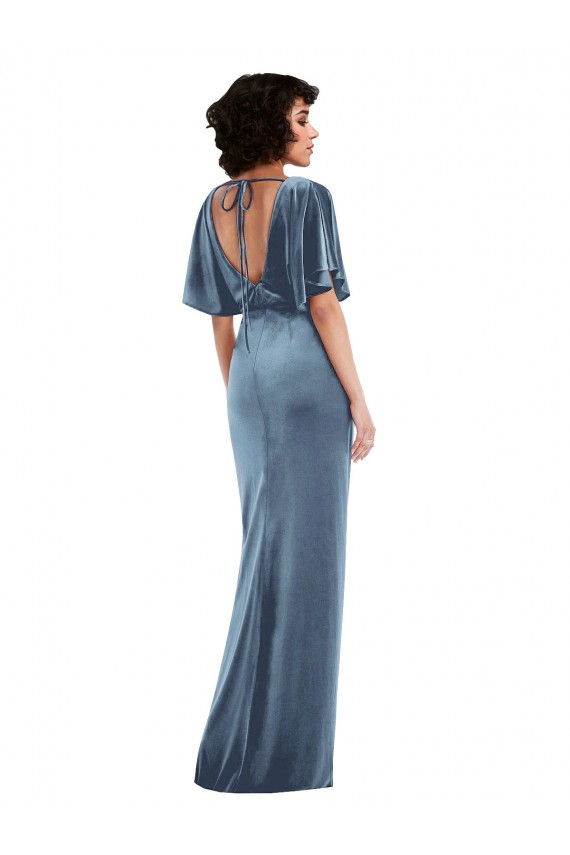 Azul polvoriento Cubierta Terciopelo Elástico Largo Vestidos de dama de honor / Vestidos de fiesta Al Por Mayor