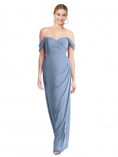 Azul polvoriento Sirena Hombros Descubiertos Gasa Largo Vestidos de dama de honor Al Por Mayor