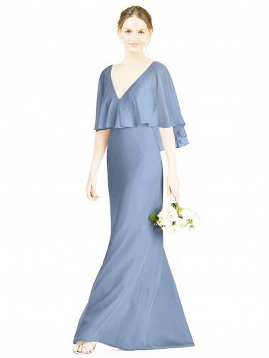 Azul polvoriento Trompeta Cuello en V Gasa Largo Vestidos de dama de honor Al Por Mayor