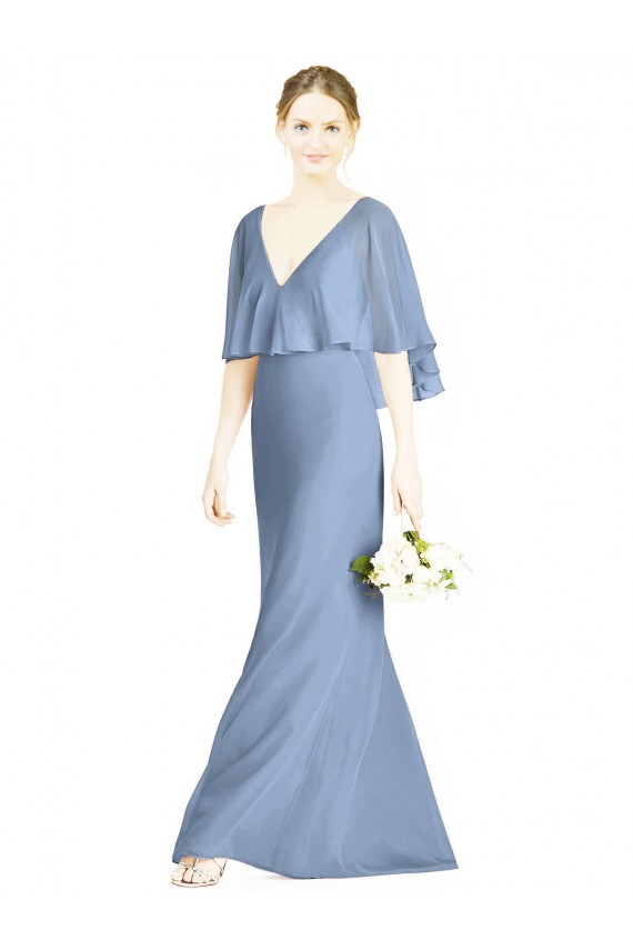 Azul polvoriento Trompeta Cuello en V Gasa Largo Vestidos de dama de honor Al Por Mayor