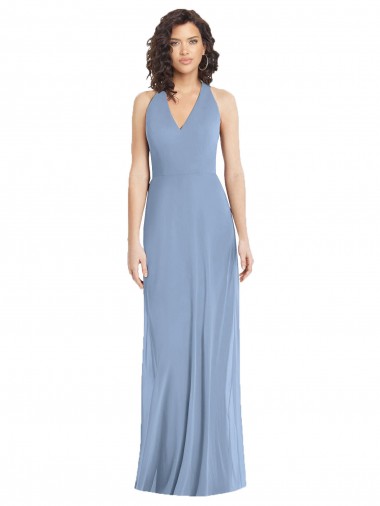 Azul polvoriento Trompeta Halter Cuello en V Gasa Largo Formales Vestidos de dama de honor / Vestidos de noche Al Por Mayor