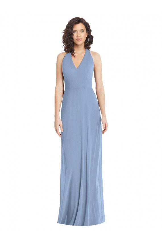Azul polvoriento Trompeta Halter Cuello en V Gasa Largo Formales Vestidos de dama de honor / Vestidos de noche Al Por Mayor
