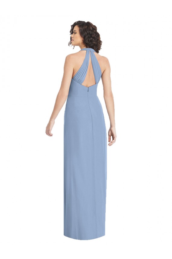 Azul polvoriento Trompeta Halter Cuello en V Gasa Largo Formales Vestidos de dama de honor / Vestidos de noche Al Por Mayor