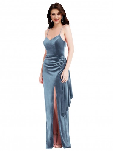 Azul polvoriento Trompeta Tirantes espagueti Terciopelo Elástico Largo Formales Vestidos de dama de honor / Vestidos de fiesta Al Por Mayor