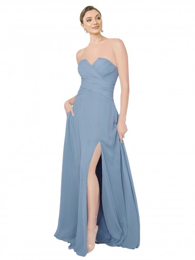 Azul polvoriento línea A Cuello de Corazón Sin tirantes Gasa Largo Vestidos de dama de honor Al Por Mayor