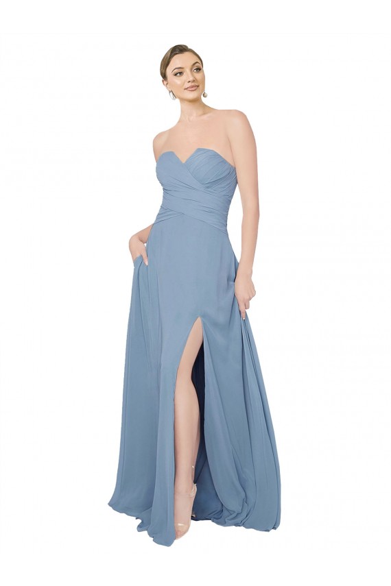 Azul polvoriento línea A Cuello de Corazón Sin tirantes Gasa Largo Vestidos de dama de honor Al Por Mayor