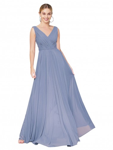 Azul polvoriento línea A Cuello en V Cuello Alto Gasa Largo Formales Vestidos de dama de honor / Vestidos de fiesta Al Por Mayor