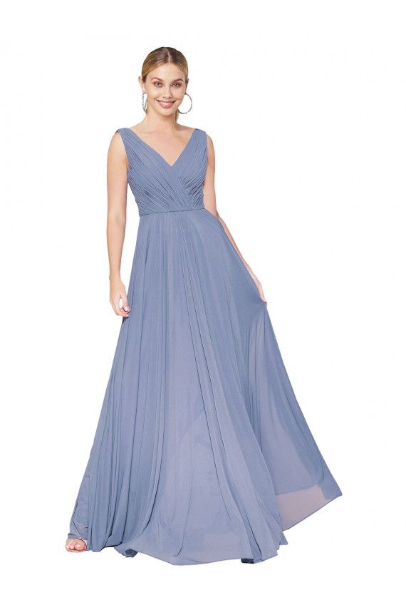 Azul polvoriento línea A Cuello en V Cuello Alto Gasa Largo Formales Vestidos de dama de honor / Vestidos de fiesta Al Por Mayor