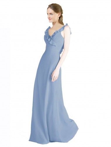 Azul polvoriento línea A Cuello en V Gasa Largo Vestidos de dama de honor Al Por Mayor