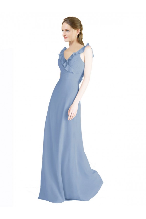Azul polvoriento línea A Cuello en V Gasa Largo Vestidos de dama de honor Al Por Mayor