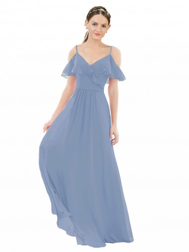 Azul polvoriento línea A Cuello en V Gasa Largo Vestidos de dama de honor Al Por Mayor