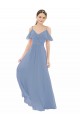 Azul polvoriento línea A Cuello en V Gasa Largo Vestidos de dama de honor Al Por Mayor