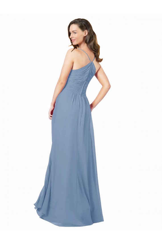 Azul polvoriento línea A Cuello en V Gasa Largo Vestidos de dama de honor Al Por Mayor
