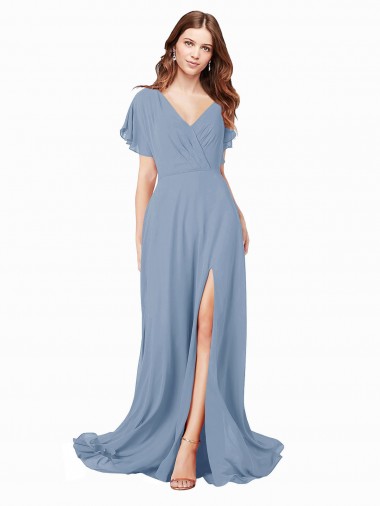 Azul polvoriento línea A Cuello en V Gasa Largo Vestidos de dama de honor / Vestidos de fiesta Al Por Mayor