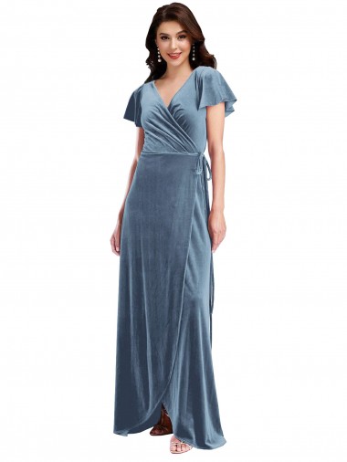 Azul polvoriento línea A Cuello en V Terciopelo Elástico Largo Vestidos de dama de honor / Vestidos de fiesta Al Por Mayor