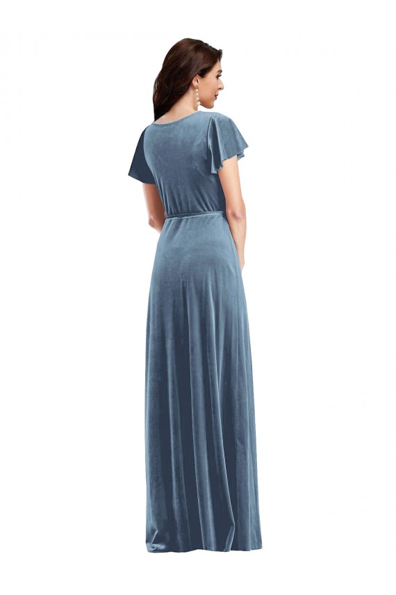 Azul polvoriento línea A Cuello en V Terciopelo Elástico Largo Vestidos de dama de honor / Vestidos de fiesta Al Por Mayor