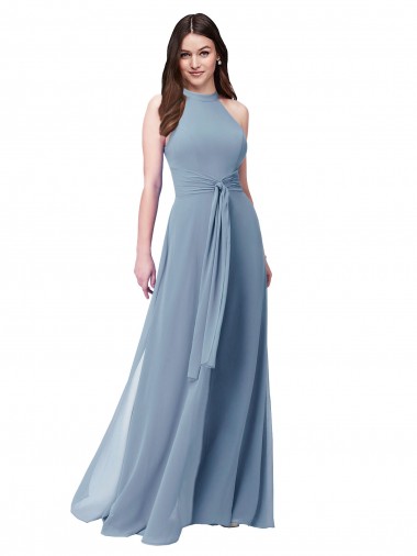 Azul polvoriento línea A Halter Cuello Alto Gasa Largo Vestidos de dama de honor Al Por Mayor