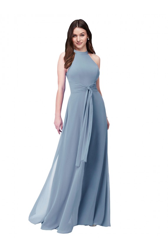 Azul polvoriento línea A Halter Cuello Alto Gasa Largo Vestidos de dama de honor Al Por Mayor