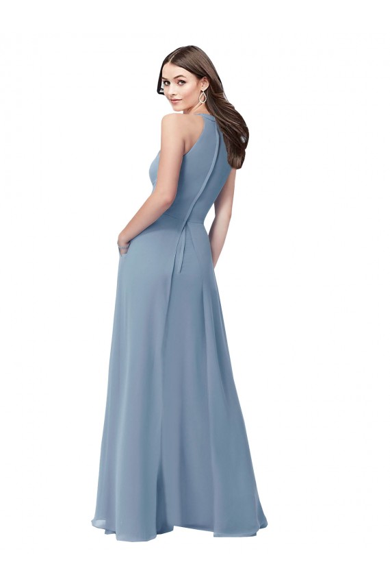 Azul polvoriento línea A Halter Cuello Alto Gasa Largo Vestidos de dama de honor Al Por Mayor