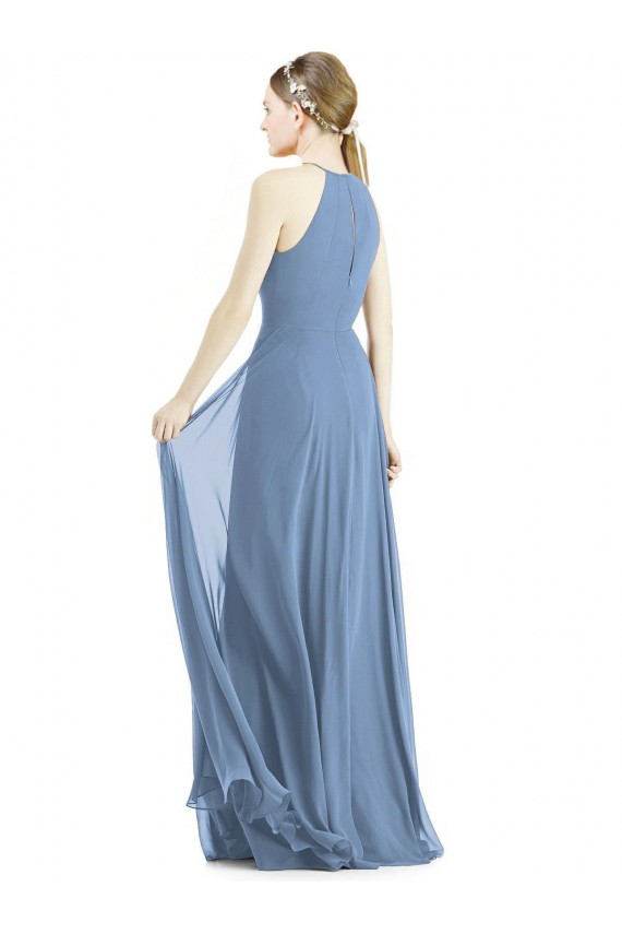 Azul polvoriento línea A Halter Gasa Largo Vestidos de dama de honor Al Por Mayor