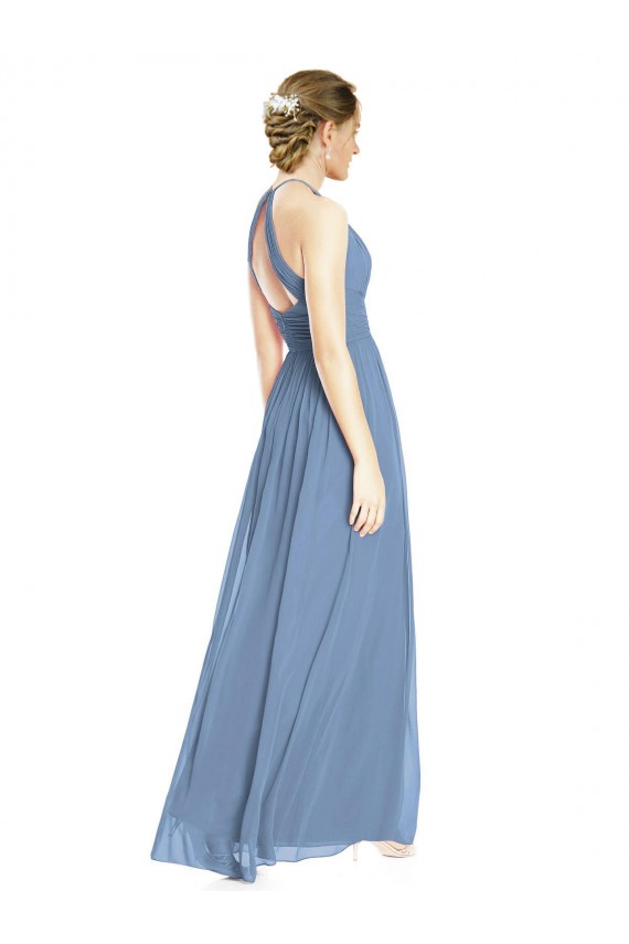 Azul polvoriento línea A Halter Gasa Largo Vestidos de dama de honor Al Por Mayor