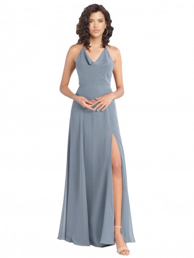 Azul polvoriento línea A Halter Gasa Largo Vestidos de dama de honor Al Por Mayor