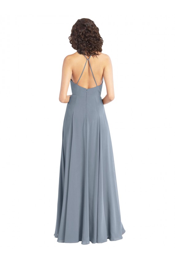 Azul polvoriento línea A Halter Gasa Largo Vestidos de dama de honor Al Por Mayor