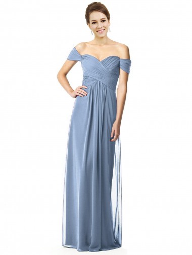 Azul polvoriento línea A Hombros Descubiertos Gasa Largo Vestidos de dama de honor Al Por Mayor