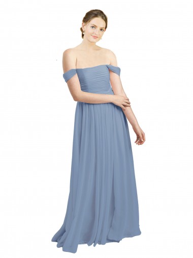 Azul polvoriento línea A Hombros Descubiertos Gasa Largo Vestidos de dama de honor Al Por Mayor