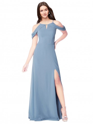 Azul polvoriento línea A Hombros Descubiertos Gasa Largo Vestidos de dama de honor Al Por Mayor