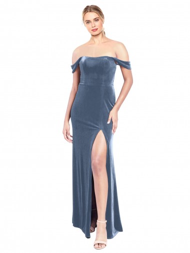 Azul polvoriento línea A Hombros Descubiertos Sin tirantes Terciopelo Elástico Largo Vestidos de dama de honor / Vestidos de fiesta Al Por Mayor