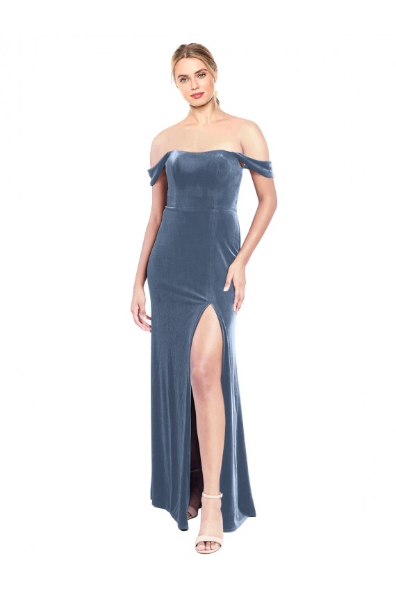 Azul polvoriento línea A Hombros Descubiertos Sin tirantes Terciopelo Elástico Largo Vestidos de dama de honor / Vestidos de fiesta Al Por Mayor