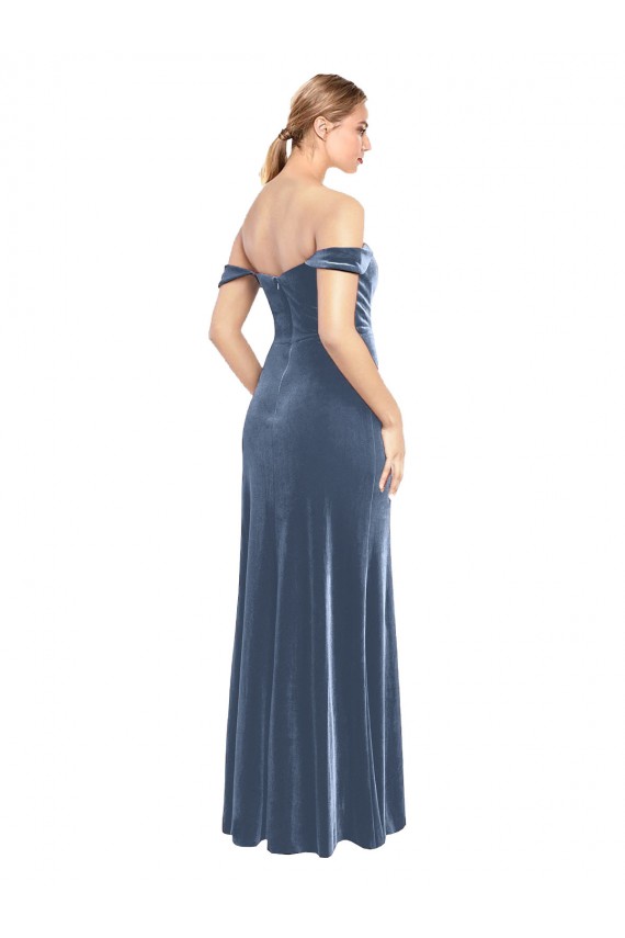 Azul polvoriento línea A Hombros Descubiertos Sin tirantes Terciopelo Elástico Largo Vestidos de dama de honor / Vestidos de fiesta Al Por Mayor