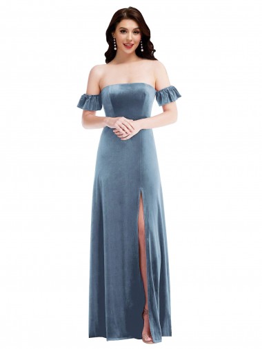 Azul polvoriento línea A Hombros Descubiertos Terciopelo Elástico Largo Vestidos de dama de honor / Vestidos de fiesta Al Por Mayor