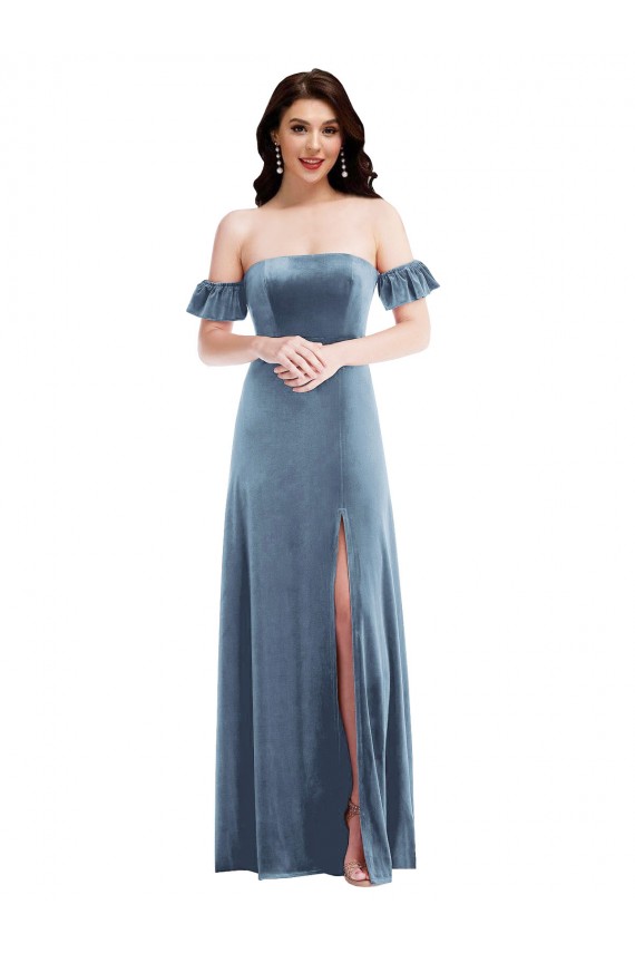 Azul polvoriento línea A Hombros Descubiertos Terciopelo Elástico Largo Vestidos de dama de honor / Vestidos de fiesta Al Por Mayor