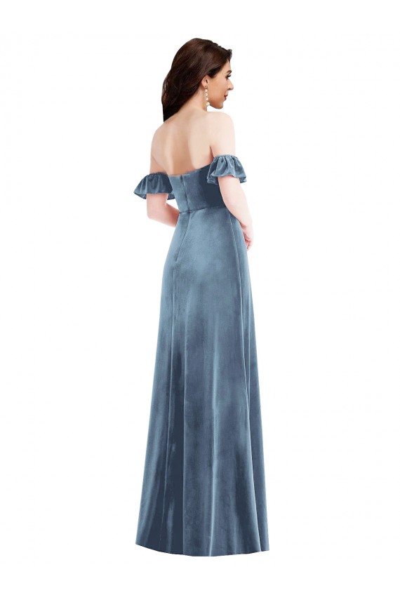 Azul polvoriento línea A Hombros Descubiertos Terciopelo Elástico Largo Vestidos de dama de honor / Vestidos de fiesta Al Por Mayor