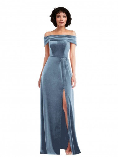 Azul polvoriento línea A Hombros Descubiertos Terciopelo Elástico Largo Vestidos de dama de honor / Vestidos de fiesta Al Por Mayor