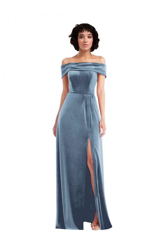 Azul polvoriento línea A Hombros Descubiertos Terciopelo Elástico Largo Vestidos de dama de honor / Vestidos de fiesta Al Por Mayor