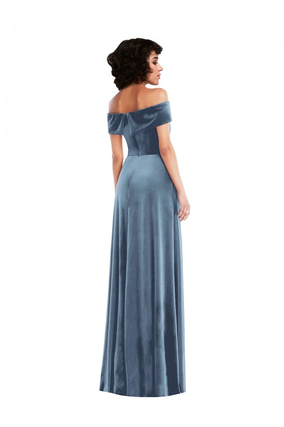 Azul polvoriento línea A Hombros Descubiertos Terciopelo Elástico Largo Vestidos de dama de honor / Vestidos de fiesta Al Por Mayor