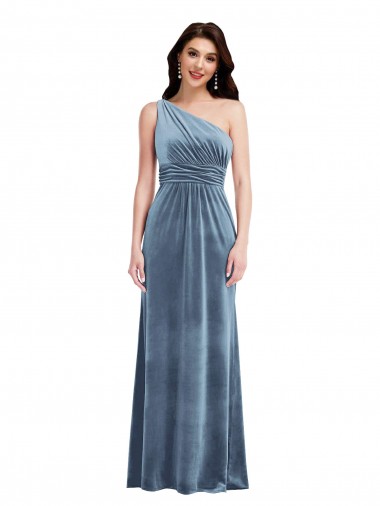 Azul polvoriento línea A Hombros Descubiertos Terciopelo Elástico Largo Vestidos de dama de honor / Vestidos de fiesta Al Por Mayor