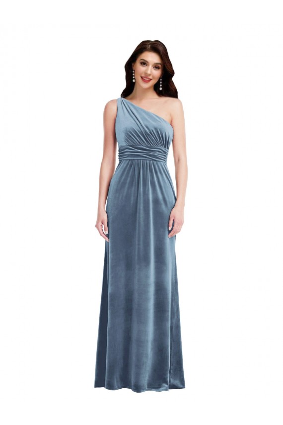Azul polvoriento línea A Hombros Descubiertos Terciopelo Elástico Largo Vestidos de dama de honor / Vestidos de fiesta Al Por Mayor