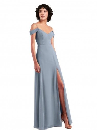 Azul polvoriento línea A Hombros Descubiertos Tirantes espagueti Gasa Largo Vestidos de dama de honor Al Por Mayor