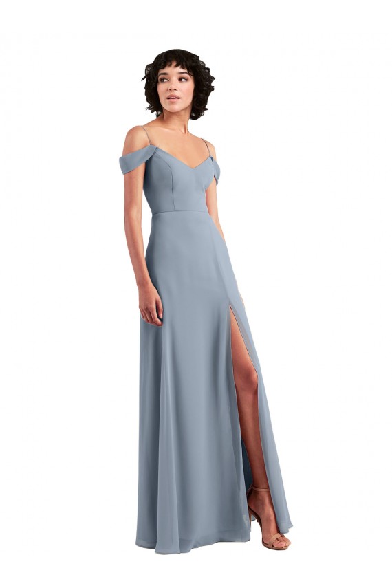 Azul polvoriento línea A Hombros Descubiertos Tirantes espagueti Gasa Largo Vestidos de dama de honor Al Por Mayor