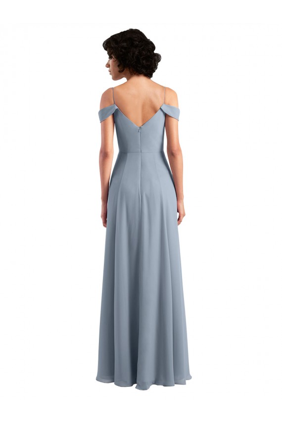 Azul polvoriento línea A Hombros Descubiertos Tirantes espagueti Gasa Largo Vestidos de dama de honor Al Por Mayor