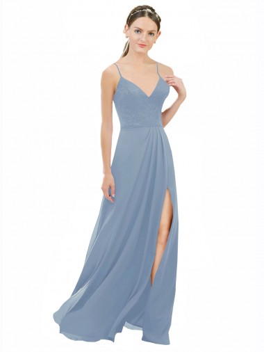 Azul polvoriento línea A Tirantes espagueti Cuello en V Gasa Encaje Largo Vestidos de dama de honor Al Por Mayor
