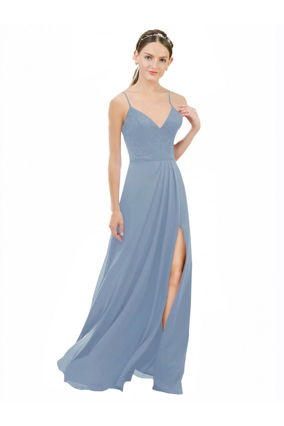 Azul polvoriento línea A Tirantes espagueti Cuello en V Gasa Encaje Largo Vestidos de dama de honor Al Por Mayor