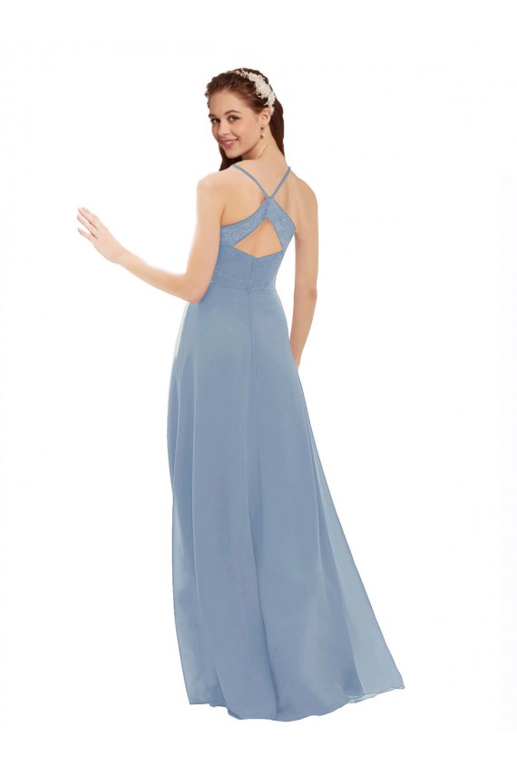 Azul polvoriento línea A Tirantes espagueti Cuello en V Gasa Encaje Largo Vestidos de dama de honor Al Por Mayor