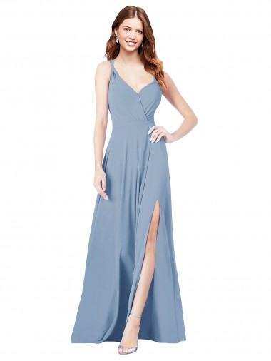Azul polvoriento línea A Tirantes espagueti Cuello en V Gasa Largo Vestidos de dama de honor Al Por Mayor