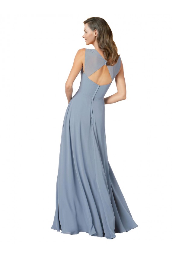 Azul polvoriento línea A Tirantes espagueti Cuello en V Gasa Largo Vestidos de dama de honor Al Por Mayor