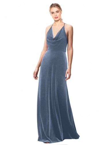 Azul polvoriento línea A Tirantes espagueti Halter Terciopelo Elástico Largo Vestidos de dama de honor / Vestidos de fiesta Al Por Mayor